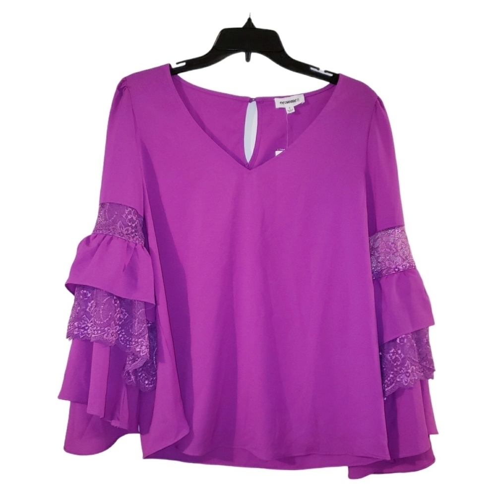 NWT Fuschia Ruffle Lace Bell Sleeve Blouse